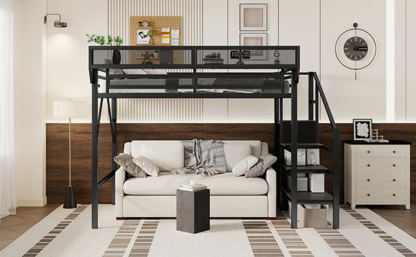 English Elm Twin Xl Loft Bed With Stairs & Storage Shelves, Metal High Bed For Teens & Small Spaces, Black W2580S00049-GIGA