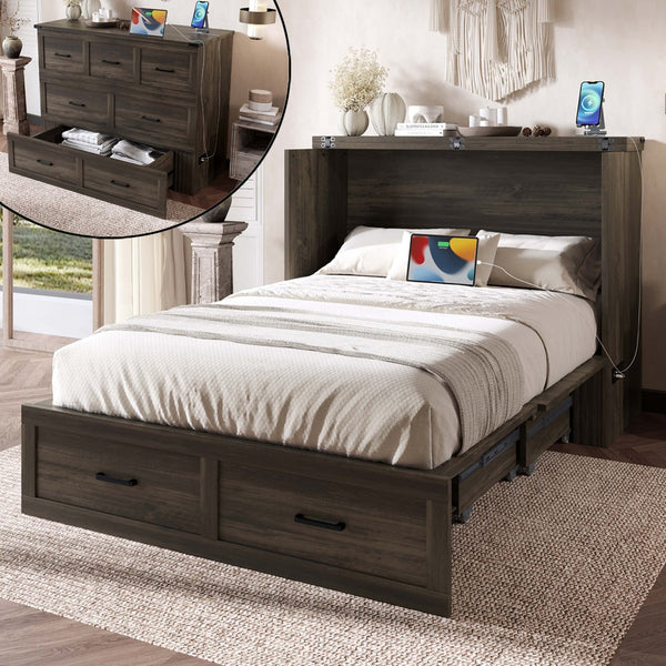 English Elm Murphy Full-Size Cabinet Bed with Built-In Charging Station, Storage Drawer & 700lb Capacity Comfort Gray 52.5 L x 26 W x 5.5 H N733S293995G