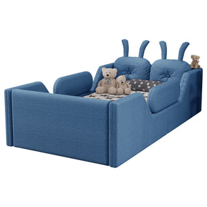 English Elm Twin Kids Platform Bed Teddy Fabric Upholstered with Bunny Cushions and Safety Rails Blue W2593P395808