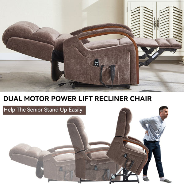 English Elm Power Lift Recliner Chair Chenille Upholstery Dual Motor Heat Massage Solid Wood Arms Brown W1803S00068