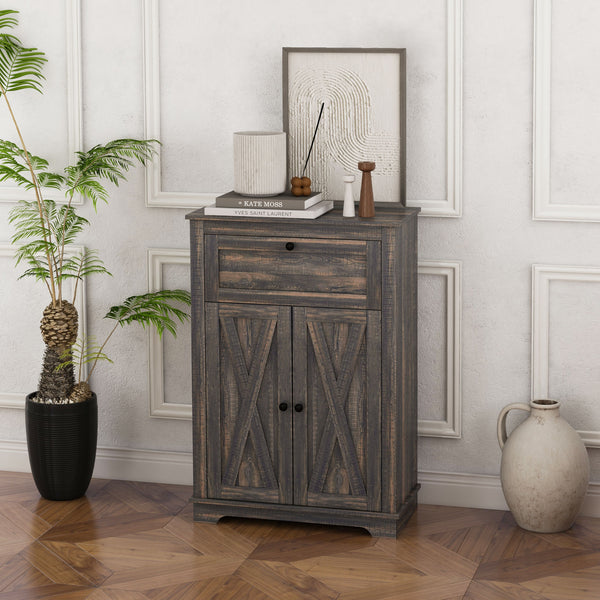 English Elm HOMCOM Rustic Farmhouse Sideboard Buffet Cabinet with Barn Doors, Drawer & Adjustable Shelves for Entryway Brown W2225P229128
