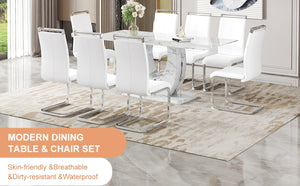 English Elm Table And Chair Set - Elegant Modern Marble Dining Set With 8 Comfortable Pu Chairs & Glass Top W1151S02115-GIGA