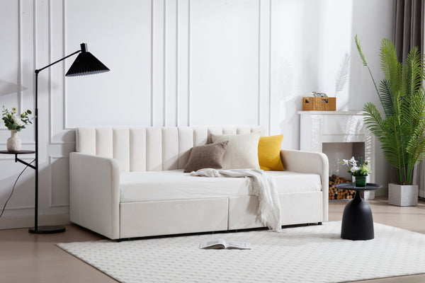 English Elm Flora Twin Daybed with 2 Dust‑Proof Drawers, Ivory Velvet Upholstery, Ribbed Tufted Backrest, Modern Storage Design B083P156245