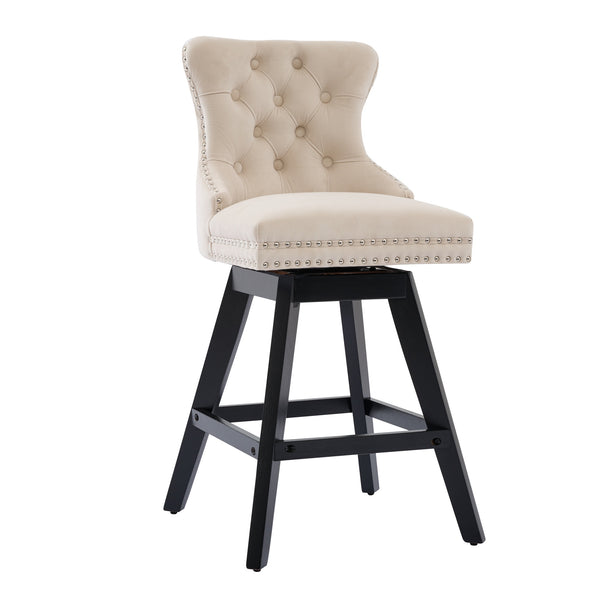 English Elm Swivel Velvet Barstools with Tufted Button Back, 360° Rotate, Plush Foam & Rubberwood Frame Beige W1143P241329