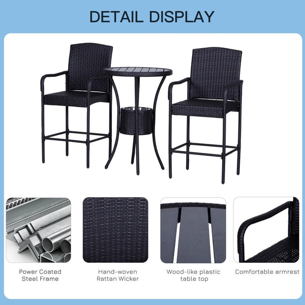 English Elm Outsunny 3-Piece Rattan Wicker Bar Set With Ice Bucket, Stylish Patio Furniture For Poolside Relaxation W2225P217540-GIGA