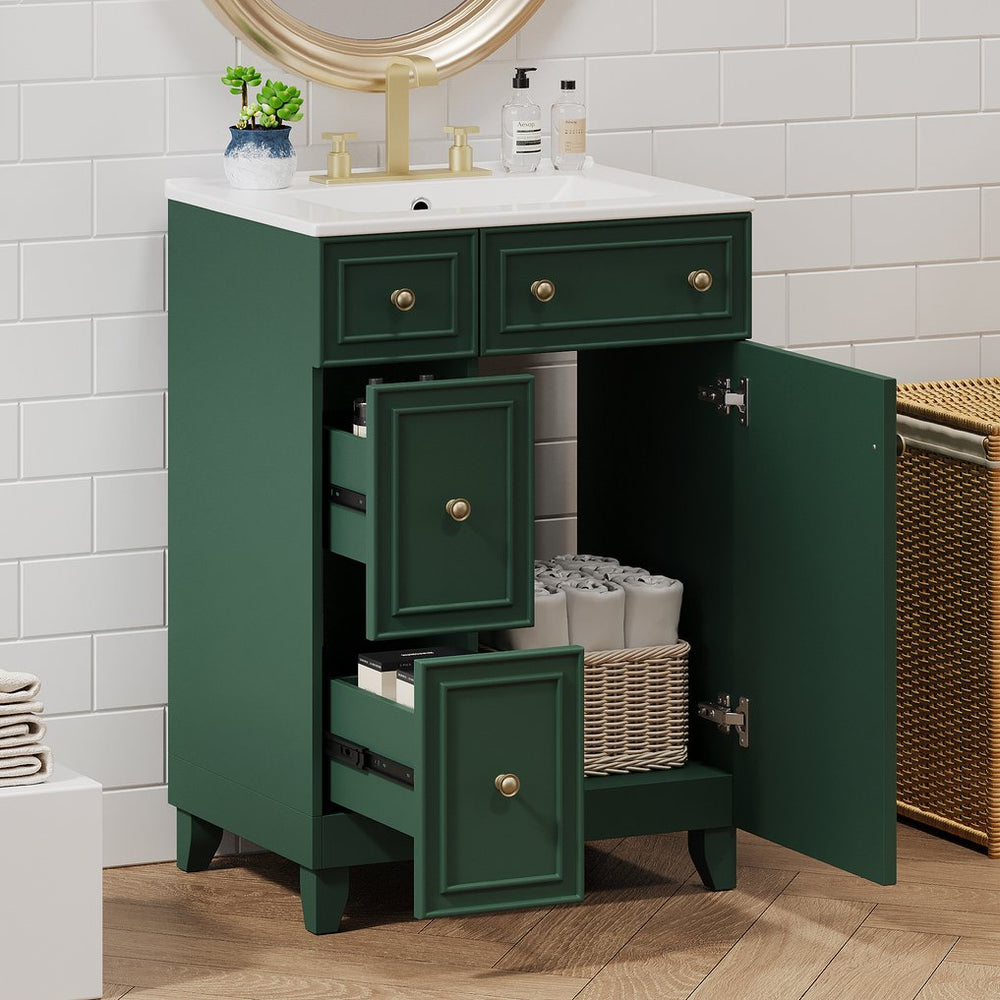 English Elm 24" Forest Green Bathroom Vanity Cabinet with Ceramic Sink, Soft-Close Door, 2 Drawers, Open-Back Access for Easy Plumbing and Durable Solid-Wood Frame N729P264336G