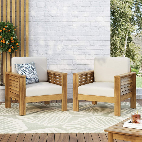 English Elm Christopher Knight Home® - ( Set of 2) Outdoor Acacia Wood Club Chairs with Cushions — Teak finish, water-resistant cushions, sturdy elegant patio seating Brown+Beige 70692.00-2