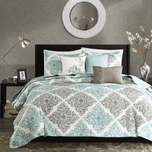 English Elm 6 Piece Printed Quilt Set With Decorative Pillows In Aqua - Reversible Design, Oeko-Tex Certified B03597394
