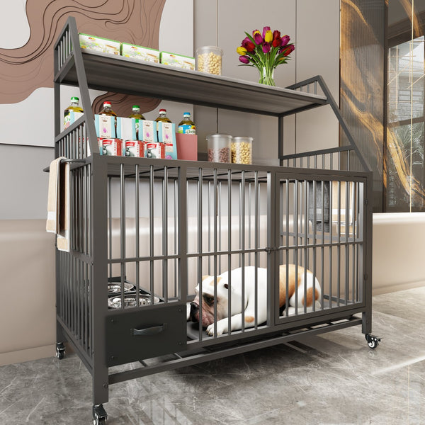 English Elm Large Pet Cage with Iron Frame Mdf Panels Storage Rack and Steel Feeding Basins Black,Gray+Charcoal W3064P245387