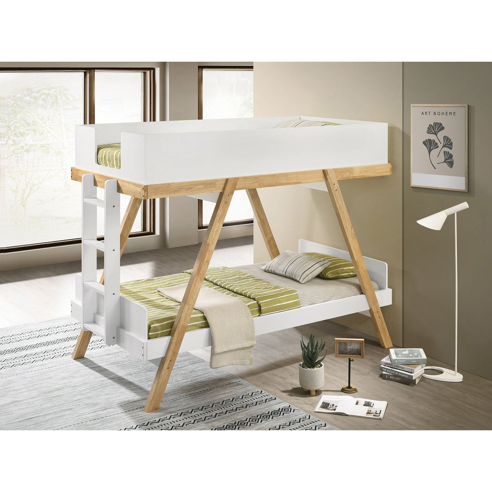 English Elm Crispin Twin Over Kids Bunk Bed Farmhouse Trestle Frame with Foam Mattresses White B062S01523