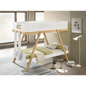 English Elm Crispin Twin Over Kids Bunk Bed Farmhouse Trestle Frame with Foam Mattresses White B062S01523