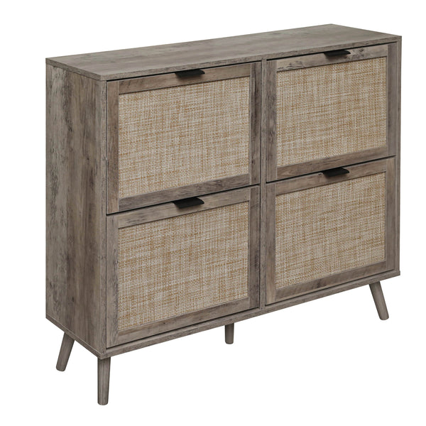 English Elm 4 Door Rattan Shoe Cabinet with Pine Legs Slim Entryway Storage Modern Style W688P173281