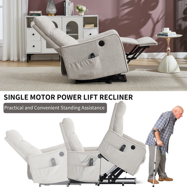English Elm Beige Chenille Power Lift Recliner with Massage Heat and Usb for Senior Comfort Beige W1803P364114