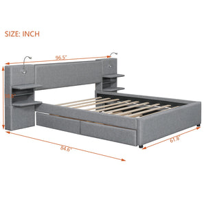 English Elm Queen Linen Upholstered Platform Bed with Storage Drawers, Trundle, Flip-Up Headboard & Lights Gray SF000187AAE