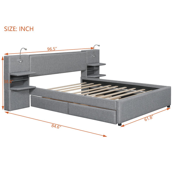 English Elm Queen Linen Upholstered Platform Bed with Storage Drawers, Trundle, Flip-Up Headboard & Lights Gray SF000187AAE