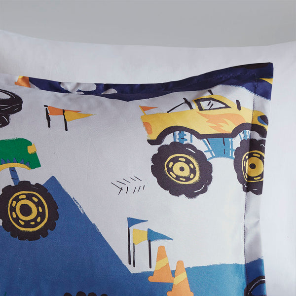 JLA Home Mi Zone Kids - Monster Truck Comforter Set with Plush Applique Pillow, Antimicrobial, Soft Reversible Twin Bedding 86 L x 86 W x 1H MZK10-165