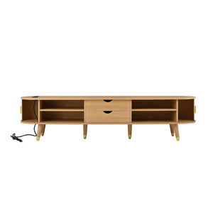 English Elm Wooden Fluted Tambour Media Console Mid Century Modern Tv Stand with Built in Charging Natural N721P428444L