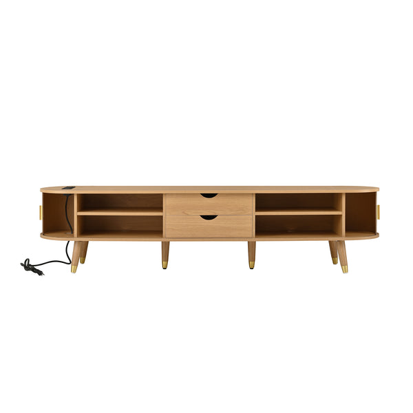 English Elm Wooden Fluted Tambour Media Console Mid Century Modern Tv Stand with Built in Charging Natural N721P428444L