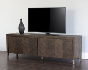 Sunpan Greyson Media Console Cabinet - Stylish Smoked Acacia Wood with Chevron Pattern & Brass Feet
