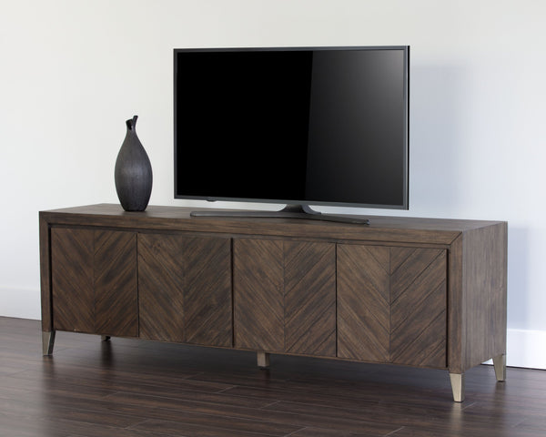 Sunpan Greyson Media Console Cabinet - Stylish Smoked Acacia Wood with Chevron Pattern & Brass Feet