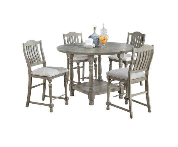 English Elm Dining Set Five Piece Round Counter Height Acacia Wood Table Four Upholstered Chairs B011S00974