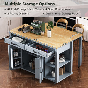 English Elm K&k Farmhouse Kitchen Island Extendable Table Rubber Wood Veneer Built-in Charging Storage Grey+Blue N707S215327G