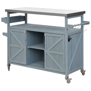 English Elm K&K Outdoor Kitchen Island Rolling Bar Cart with 1.2" Stainless Steel Top, Ample Storage, Wheels and Spice Rack Grey+Blue WF532198AAG
