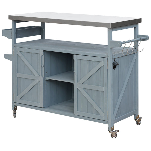 English Elm K&K Outdoor Kitchen Island Rolling Bar Cart with 1.2" Stainless Steel Top, Ample Storage, Wheels and Spice Rack Grey+Blue WF532198AAG