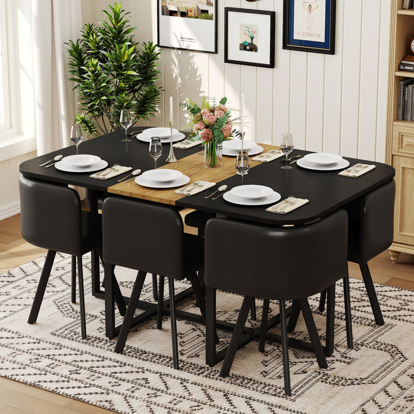 English Elm 7 Piece Industrial Dining Set with Faux Leather Chairs and Wood Grain Metal Frame Table W3875S00099