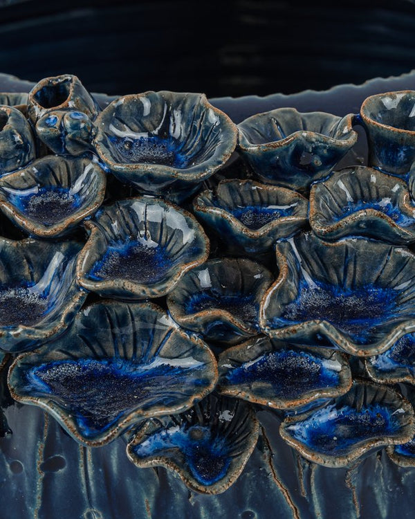 Currey & Company Sunken Blue Bowl: Exquisite Dark Clay Ceramic Artistry With Unique Sea Life Designs & Glaze Depth Blue Ceramic 1200-1047-currey-company