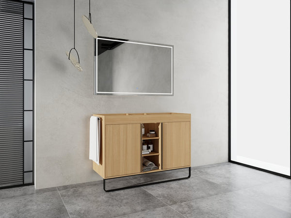 English Elm 48" Freestanding Bathroom Vanity Cabinet with 2 Soft-Close Doors, 3 Open Shelves, Towel Hanger, Boxes Designed for Organized Storage W999P376885
