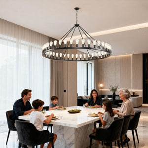 English Elm 64 Inch Wagon Wheel Chandelier 42 Light Matte Black Farmhouse Pendant for Vaulted Rooms W5008P389353