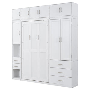 English Elm Twin Murphy Bed with Lockers & Wardrobes White — Space-Saving Foldaway Cabinet Bed w/ Shelves, Drawers and Video Guide GX000391AAK
