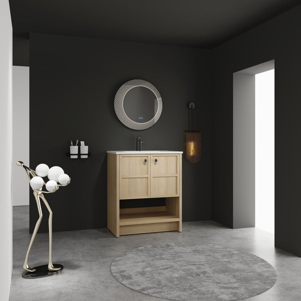 English Elm 30" Freestanding Bathroom Vanity with Ceramic Sink, Oak Plywood Finish, Soft-Closing Doors, Open Shelf W1972S00024