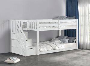 English Elm Transitional Twin Over Twin Low Bunk Bed With Reversible Storage Staircase – Space-Saving White Design B2741S00608-GIGA