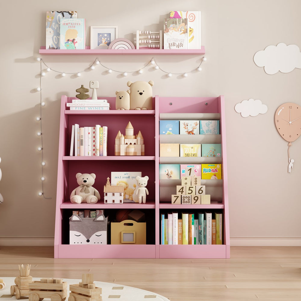 English Elm Pink Montessori Wooden Toy Storage Cabinet with 4-Tier Sling Book Pockets Sturdy Kids Bookshelf W2876P233538