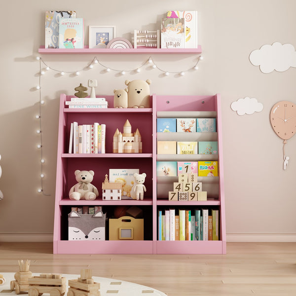 English Elm Pink Montessori Wooden Toy Storage Cabinet with 4-Tier Sling Book Pockets Sturdy Kids Bookshelf W2876P233538