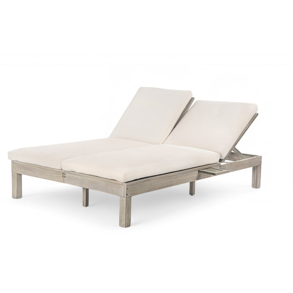 English Elm Trexm Acacia Wood Double Chaise Lounge Outdoor with Folding Trays and Foam Cushions TM000015AAE