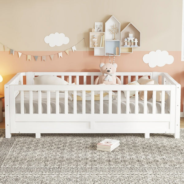 English Elm Twin Size Platform Bed With Guardrails - Solid Wood Frame, Convertible Design For Growing Kids & Guests W1580S00239-GIGA