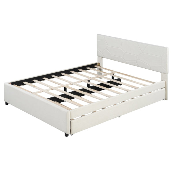 English Elm Queen Linen Upholstered Platform Bed with Brick Textured Headboard and Pull Out Trundle SF000004AAA-1
