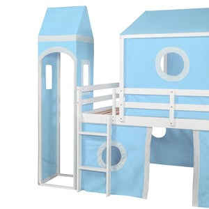 English Elm Full Size Castle Loft Bed with Slide Pink Tent Tower Pinewood Kids Play Frame LT000771AAC-1