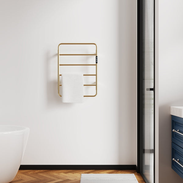 English Elm 18.7" Heated Towel Rack with Touchscreen Timer, 6-Bar Stainless Steel 150W Rapid Warm Carbon Fiber Brushed Gold T3177P305027