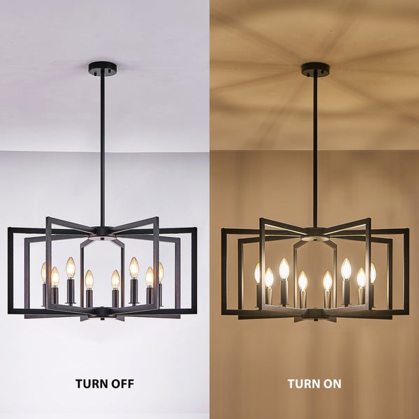 English Elm 27" Modern Geometric 8-Light Chandelier — Industrial Iron Pendant Fixture for Living Room Dining Kitchen Black W2312P368725