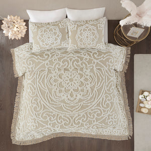 English Elm Tufted Laetitia Cotton Chenille Medallion Fringe Coverlet Set Taupe Full/Queen – Boho Oeko-Tex Comfort B03597574