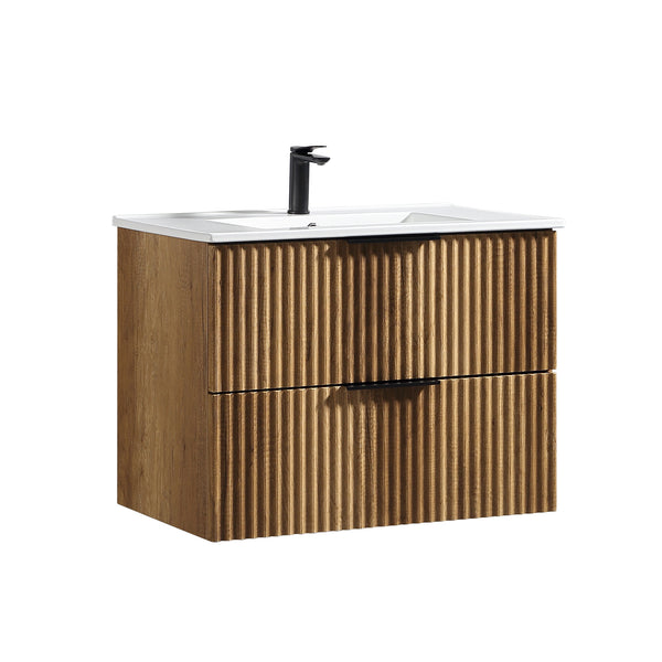 English Elm 30 Inch Floating Bathroom Vanity Fluted Wood Grain Front with Ceramic Integrated Sink W3520S00044