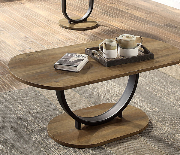 English Elm Industrial 3pc Coffee Table Set with Replicated Wood Tops and Sand Black U-Shape Steel Base, Rustic Appeal Black,Oak 51 L x 28 W x 8 H B2741P360157
