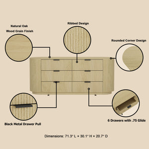 English Elm Dresser Six Drawer Oak Grain Wide Low Profile Minimalist Bedroom Storage Cabinet B365S00145