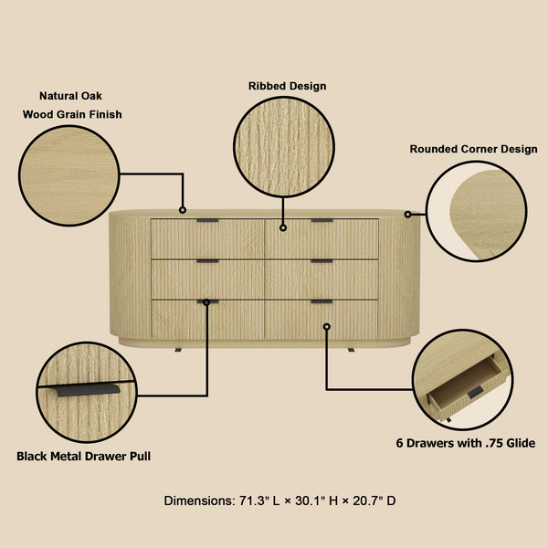 English Elm Dresser Six Drawer Oak Grain Wide Low Profile Minimalist Bedroom Storage Cabinet B365S00145