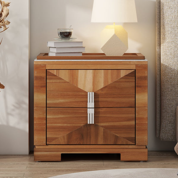 English Elm Mid-century Modern Nightstand with Diamond Geometric Drawers and Heavy Duty Wood Base Light Brown N761P324094M