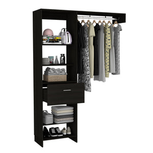 English Elm Hybrid Closet System with Five Open Shelves, Spacious Drawer & Metal Rod for Smart Vertical Storage Black 83 L x 20 W x 4 H B128S00093